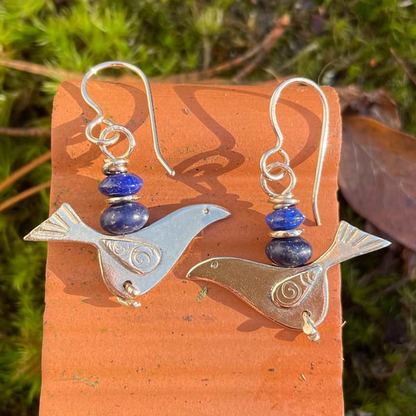 9ct gold bird earrings with lapis lazuli beads
