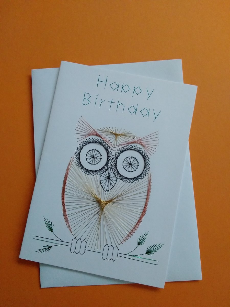 Hand Embroidered Owl Birthday Card.