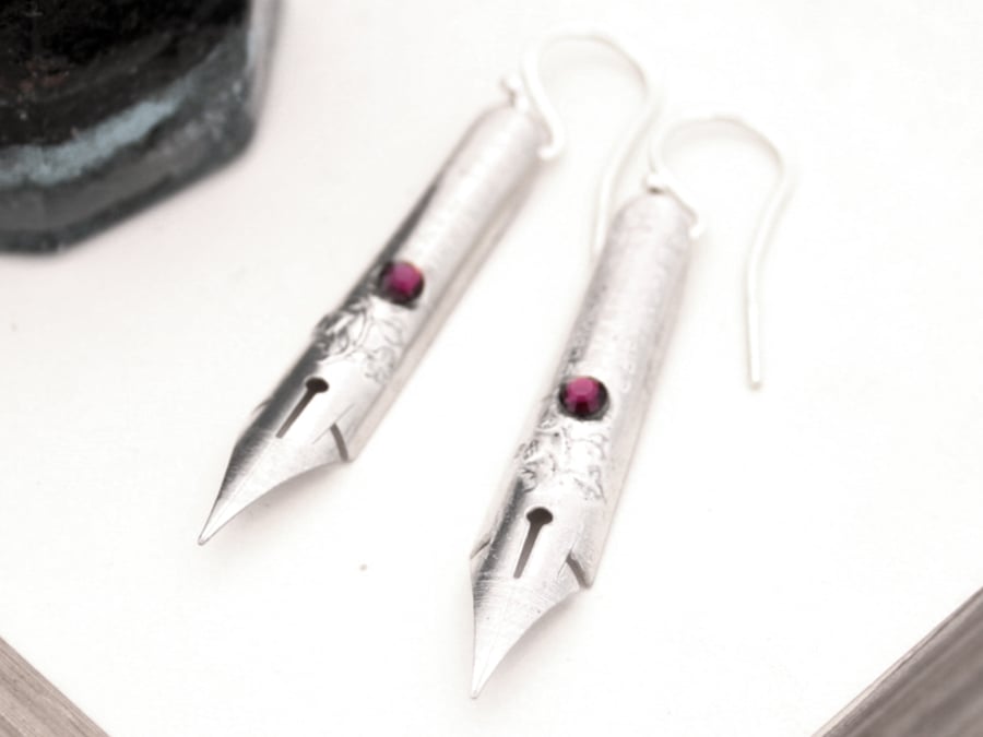 Pen Nib Earrings Silver Boho Earrings with Flower Relief Unique Gift for Writer