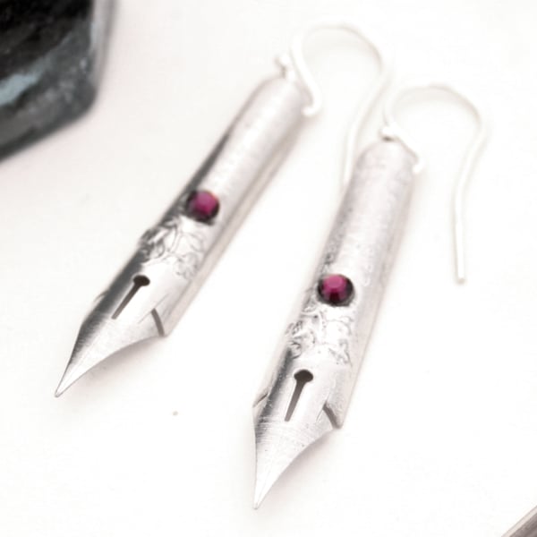 Pen Nib Earrings Silver Boho Earrings with Flower Relief Unique Gift for Writer