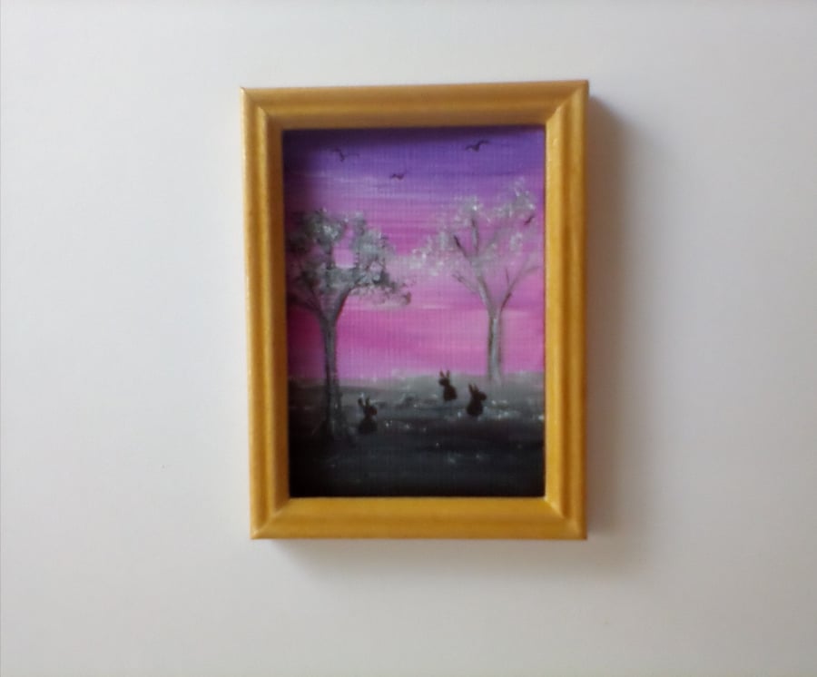 Dolls House Original Miniature Painting Picture Frame Bunny Rabbit Landscape