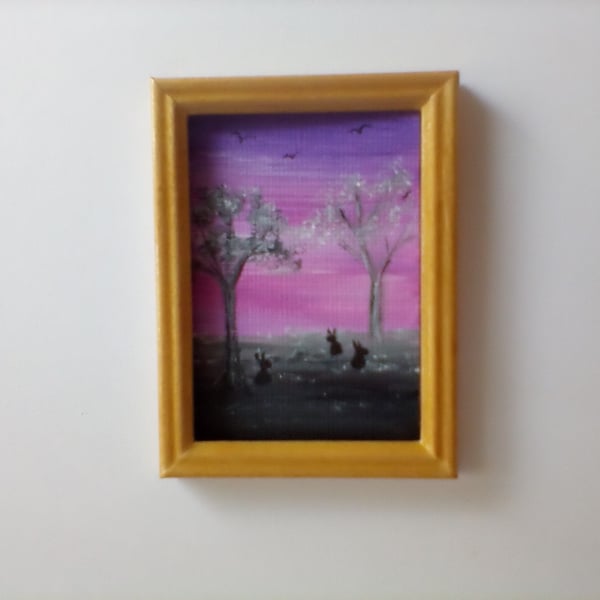 Dolls House Original Miniature Painting Picture Frame Bunny Rabbit Landscape