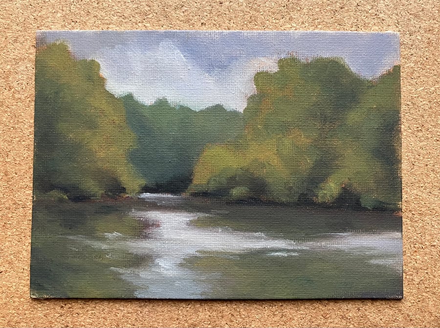 Original mini oil painting - Lake on a rainy day