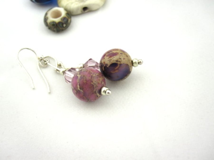 Purple coloured Jasper Drop earrings with swarovski, earrings, metalsmith uk.