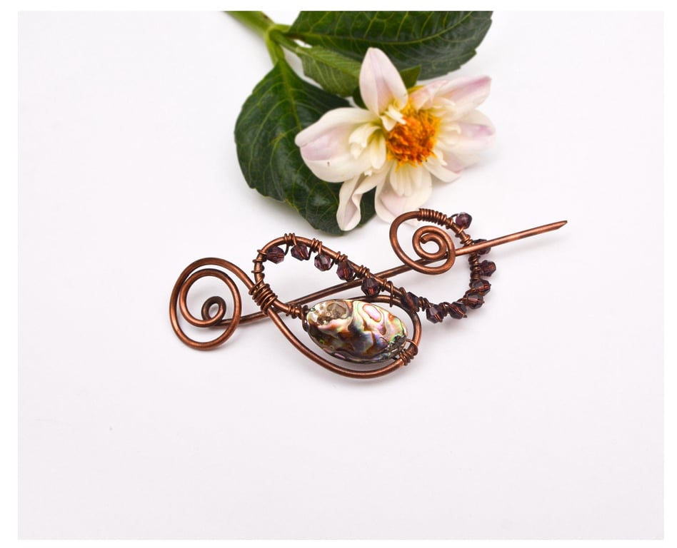 Handmade Abalone Shell Antique Copper wire Shawl Pin, Cardigan Brooch
