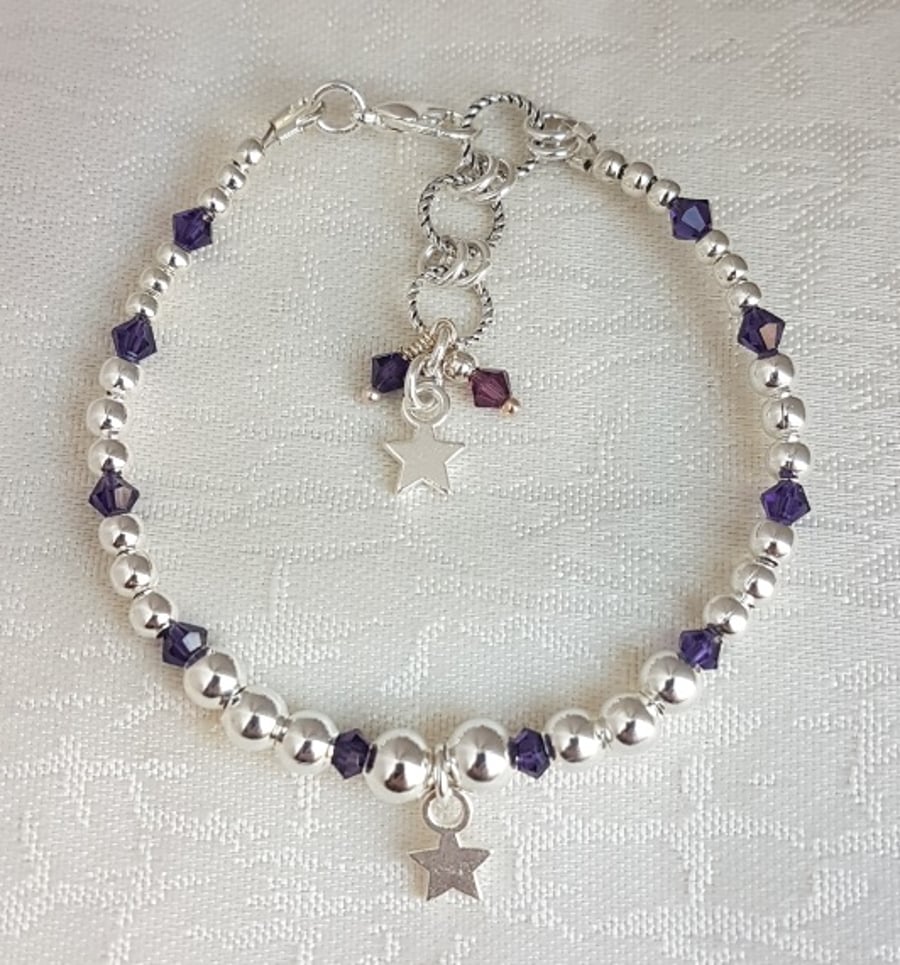 SALE - Gorgeous Silver bead and Purple Velvet Crystal bracelet with Star Charm