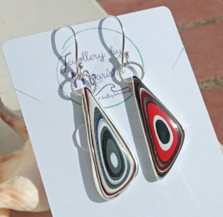 Fordite Earrings Fine & Sterling Silver Jewellery Gift Mismatched Triangle Drop