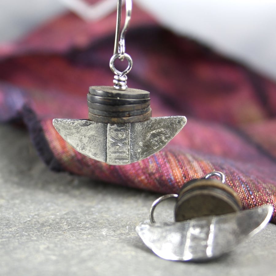 Silver and vintage coconut tribal blade earrings.