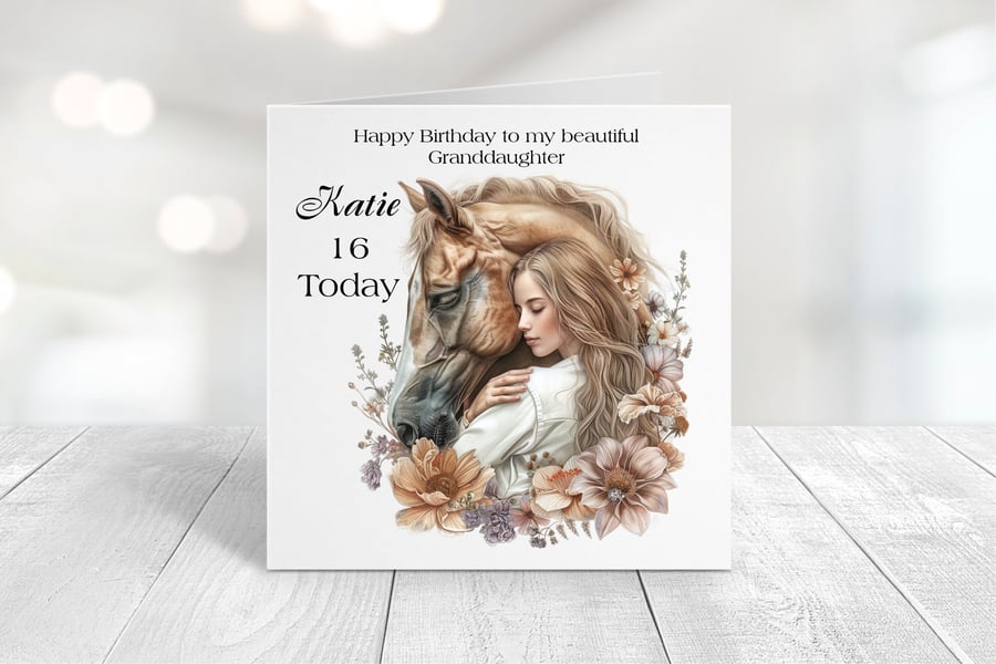 Personalised Girl & Horse Birthday Card. Design 4