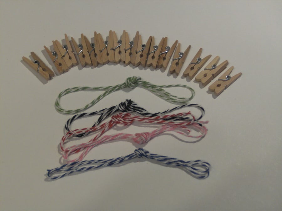 15 Natural Wood Tiny Pegs and 5 coloured Strings