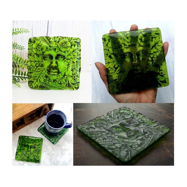 Handmade Fused Glass Lady Of The Woods Drinks Coaster - Green Man Tile