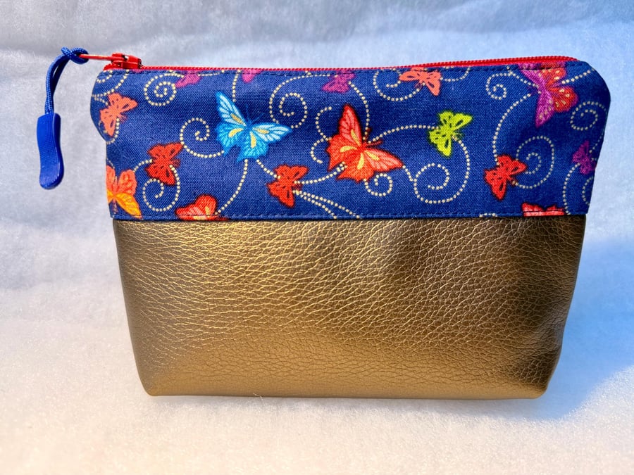 Butterflies with gold trails - Small zipped pouch for makeup, shaving kit, meds