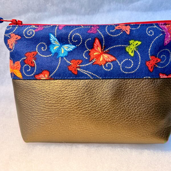 Butterflies with gold trails - Small zipped pouch for makeup, shaving kit, meds