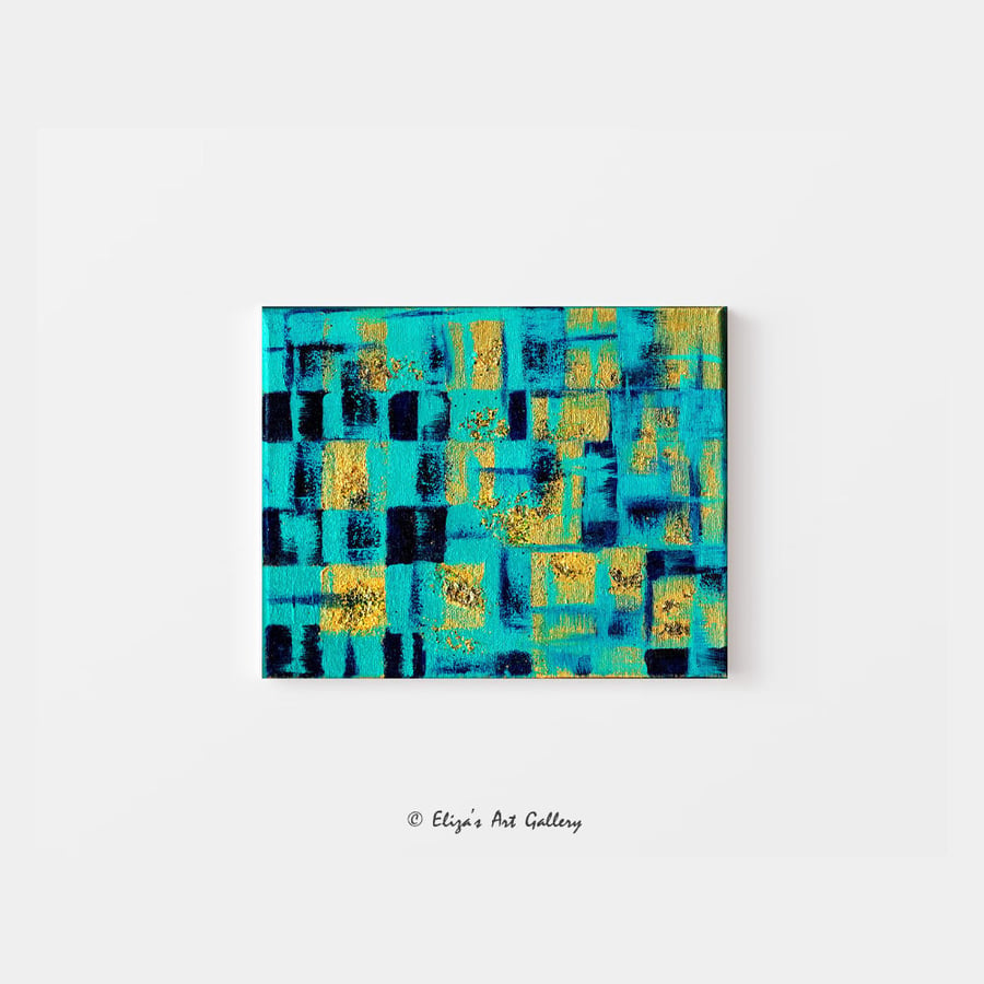 Original Teal Gold Blue Glitter Gold Leaf Art Abstract Acrylic Painting