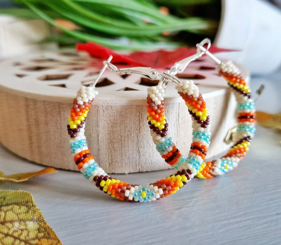 Cream Native Beaded Hoop Earrings