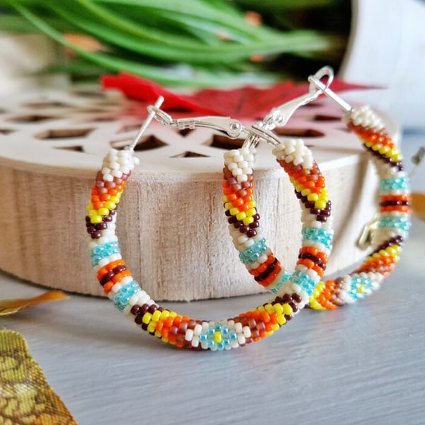 Cream Native Beaded Hoop Earrings