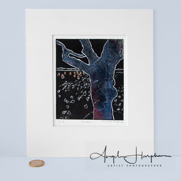 Unique Lino Cut Print - Renishaw Gnarled Tree with Hares - Blue