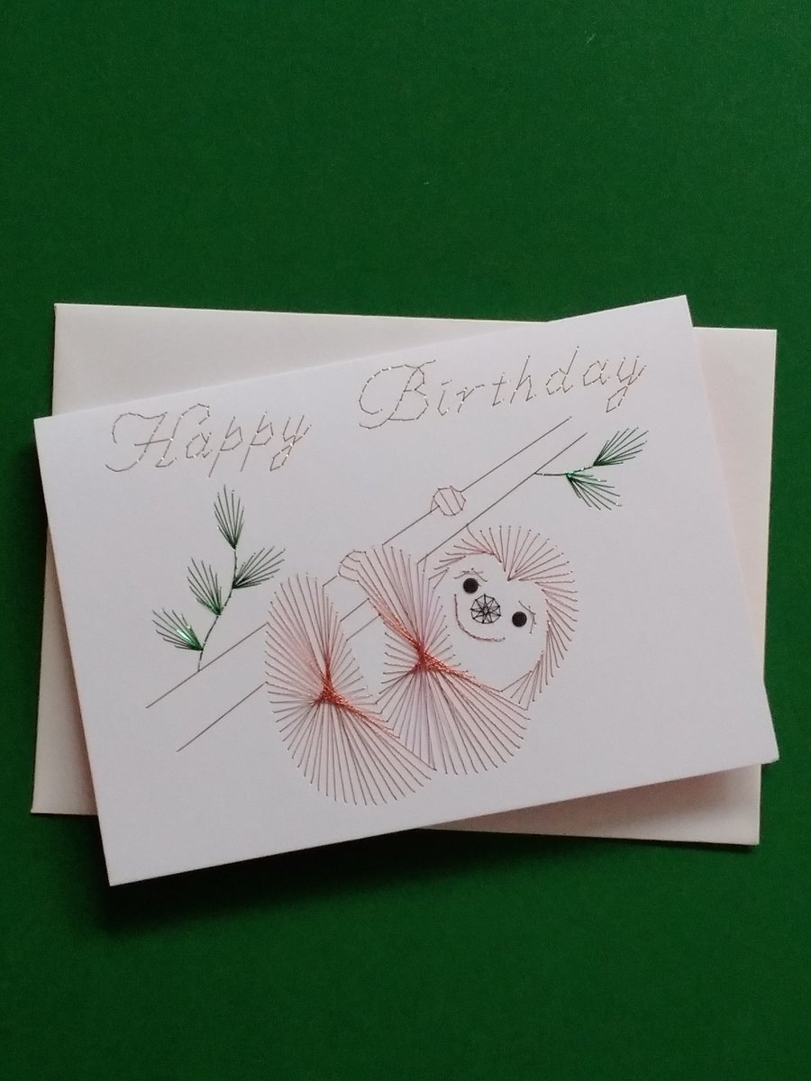Hand Embroidered Sloth Greetings Card.