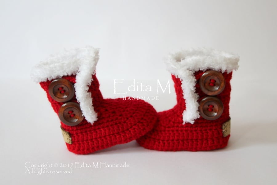 Crochet baby booties, baby shoes, Christmas, Santa boots, gift for baby
