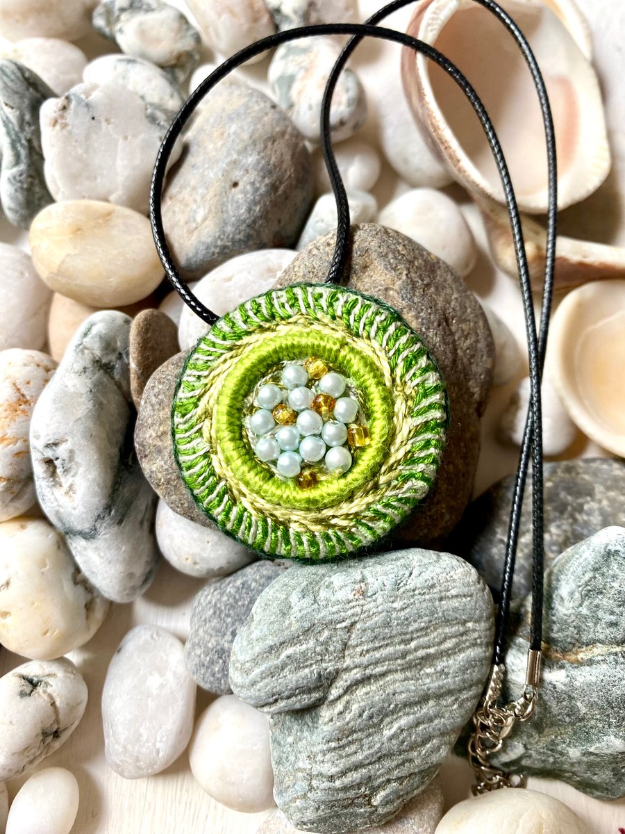 Calming Greens - Hand embroidered pendant