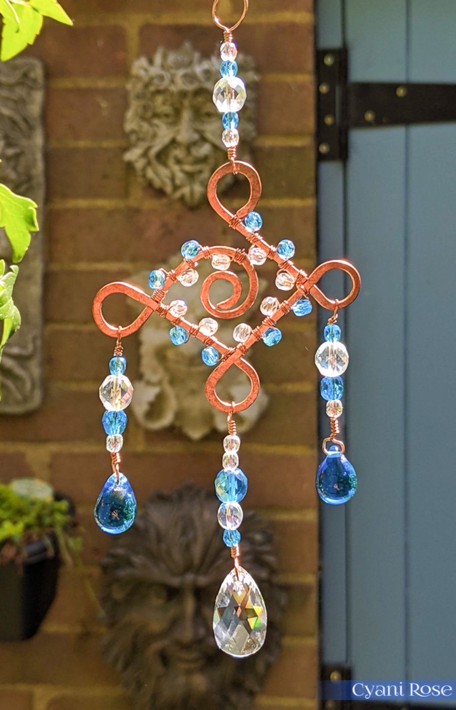 Unique wire wrapped copper suncatcher with preciosa beads and prism
