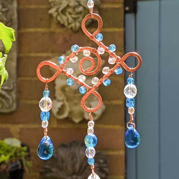 Unique wire wrapped copper suncatcher with preciosa beads and prism