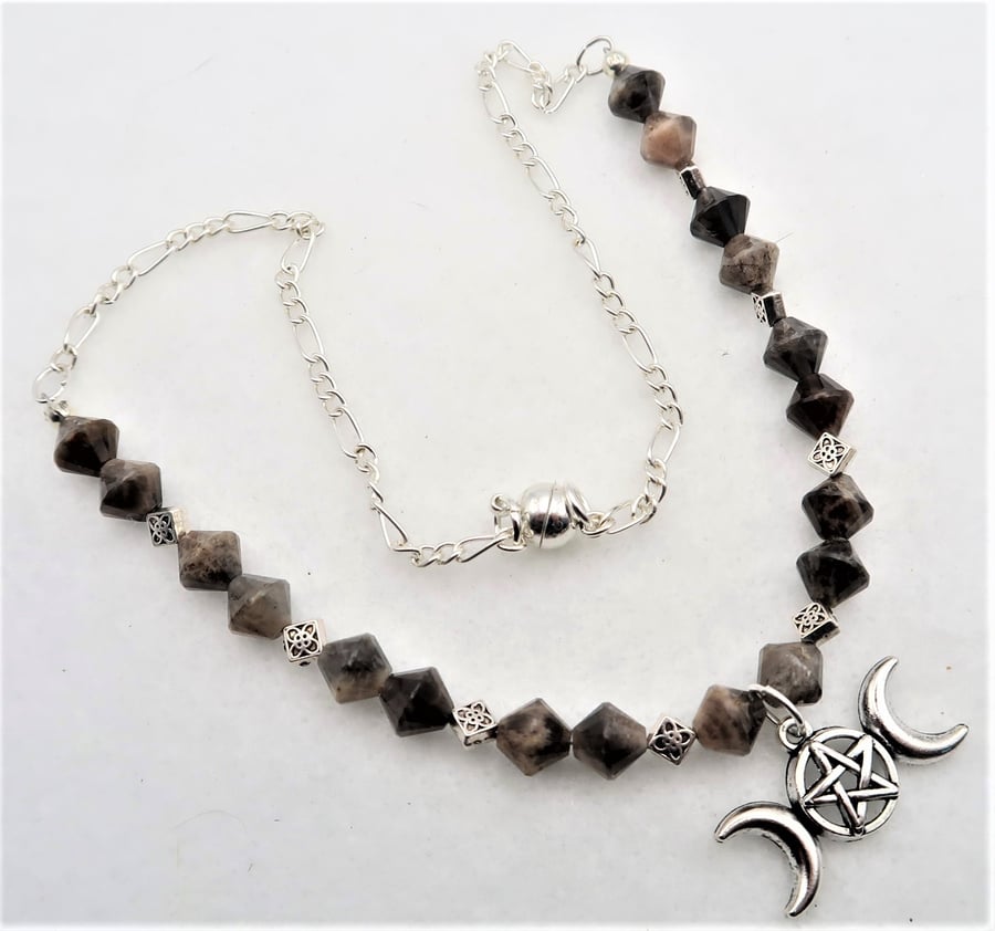 Genuine Black Moonstone Triple Moon Necklace.