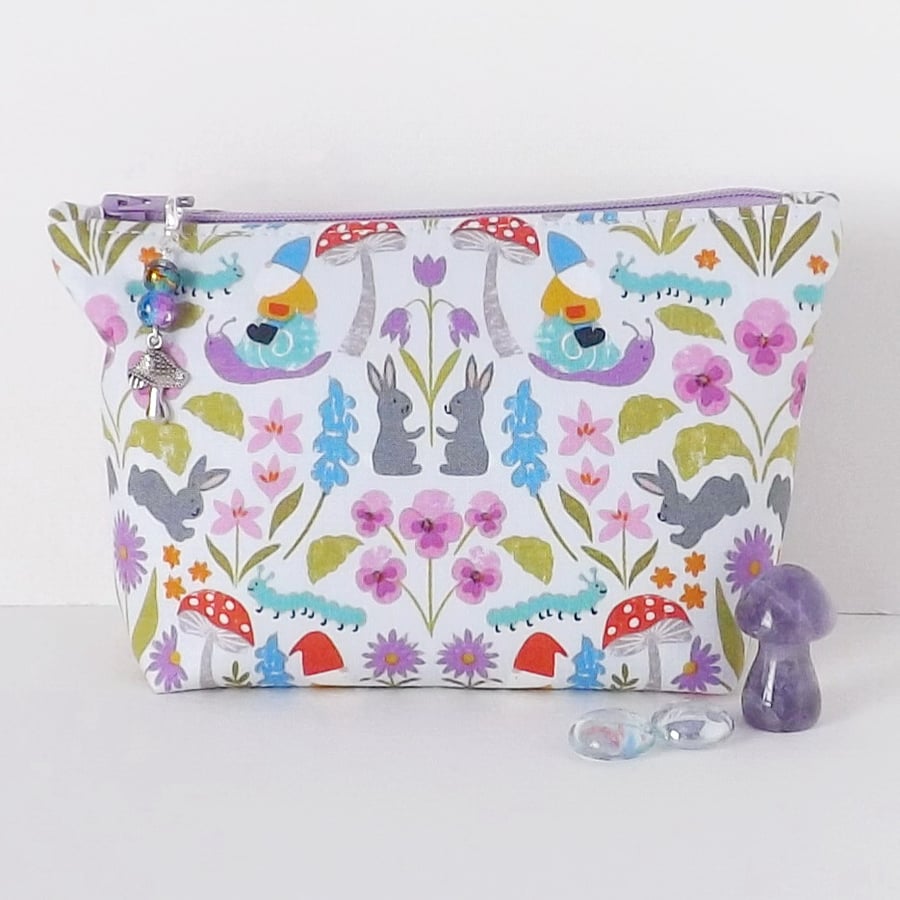 Makeup bag, zipped pouch, cosmetic bag, gnomes, mushrooms, bunnies.