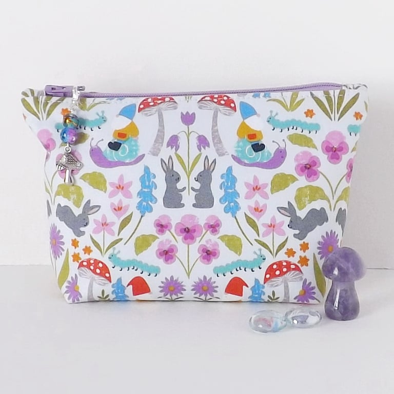 Makeup bag, zipped pouch, cosmetic bag, gnomes, mushrooms, bunnies.