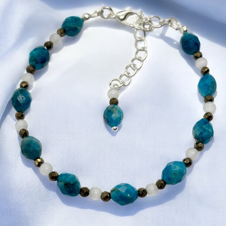  Neon Dainty Neon Blue Apatite Bracelet, with Selenite and pyrite,