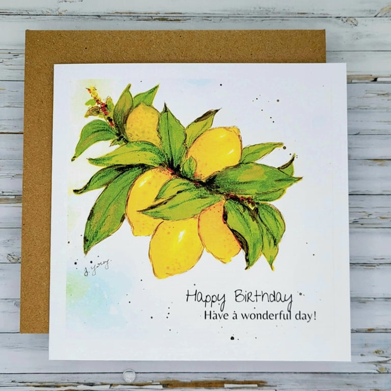 Lemons Birthday Card - blank inside, lemon leaves branch