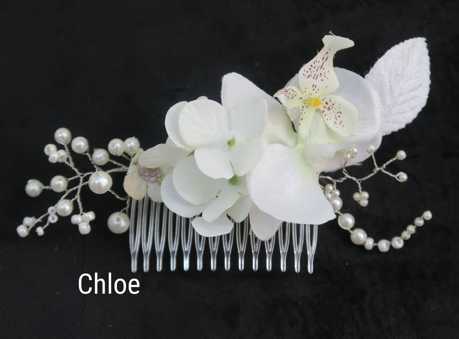 White bridal hair comb, orchid, hydrangea & pearls, handmade in Warwickshire