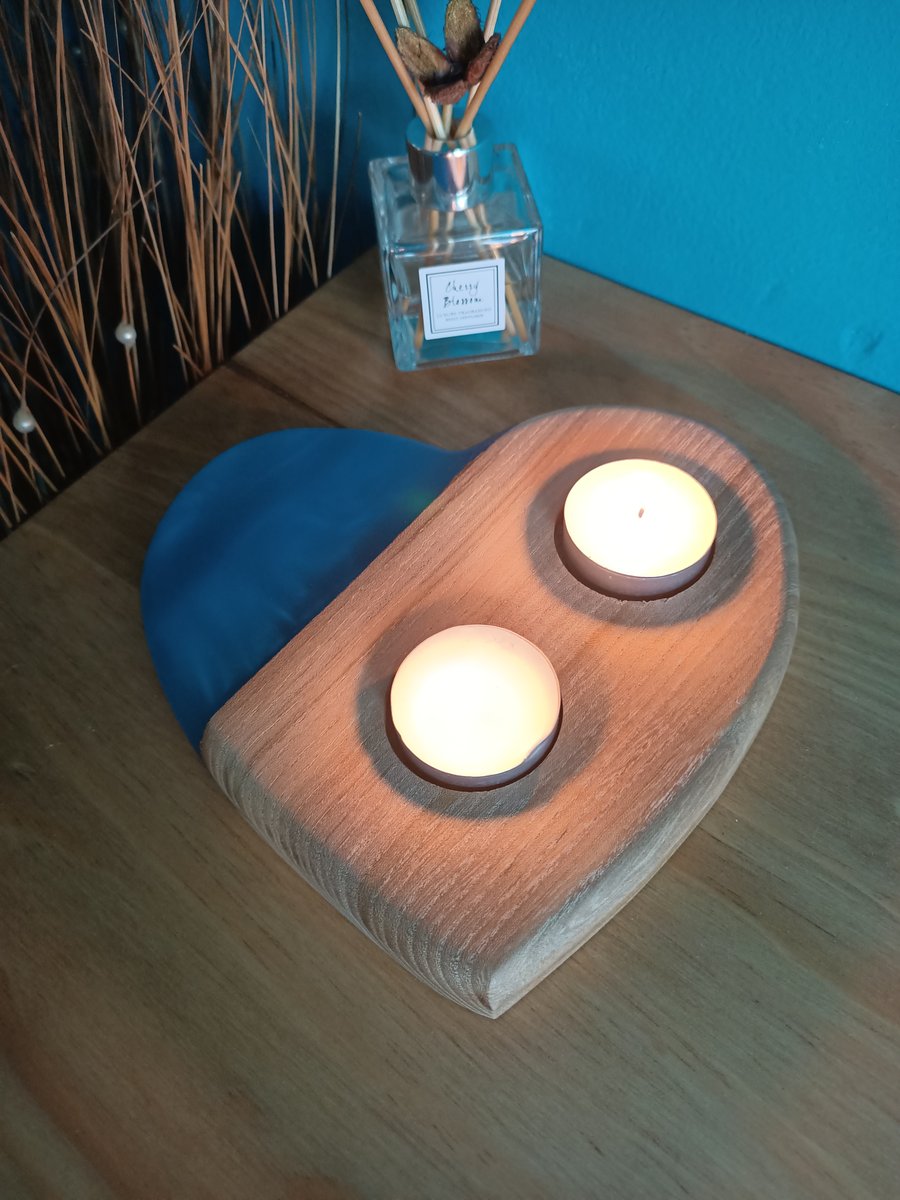 Wood and resin blue love heart shaped candle holder tealight holder decoration