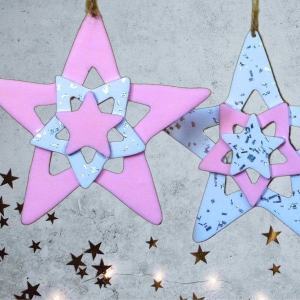 Pink Handmade Star Christmas Decorations - Set of 4
