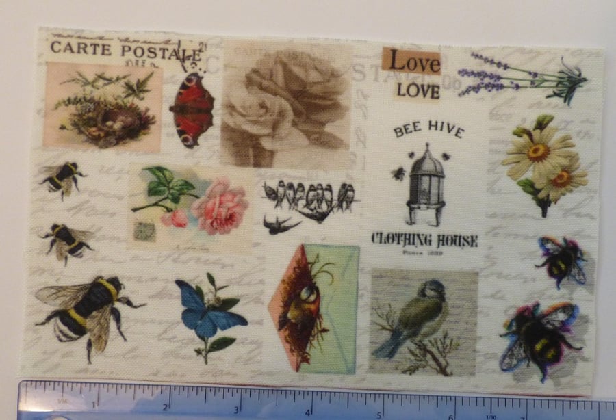 Fabric collage sheet with nature images bird butterfly bee