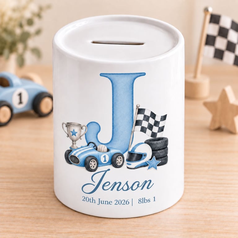 Personalised Blue Car Monogram Money Box – Boys Birthday & New Baby Gift