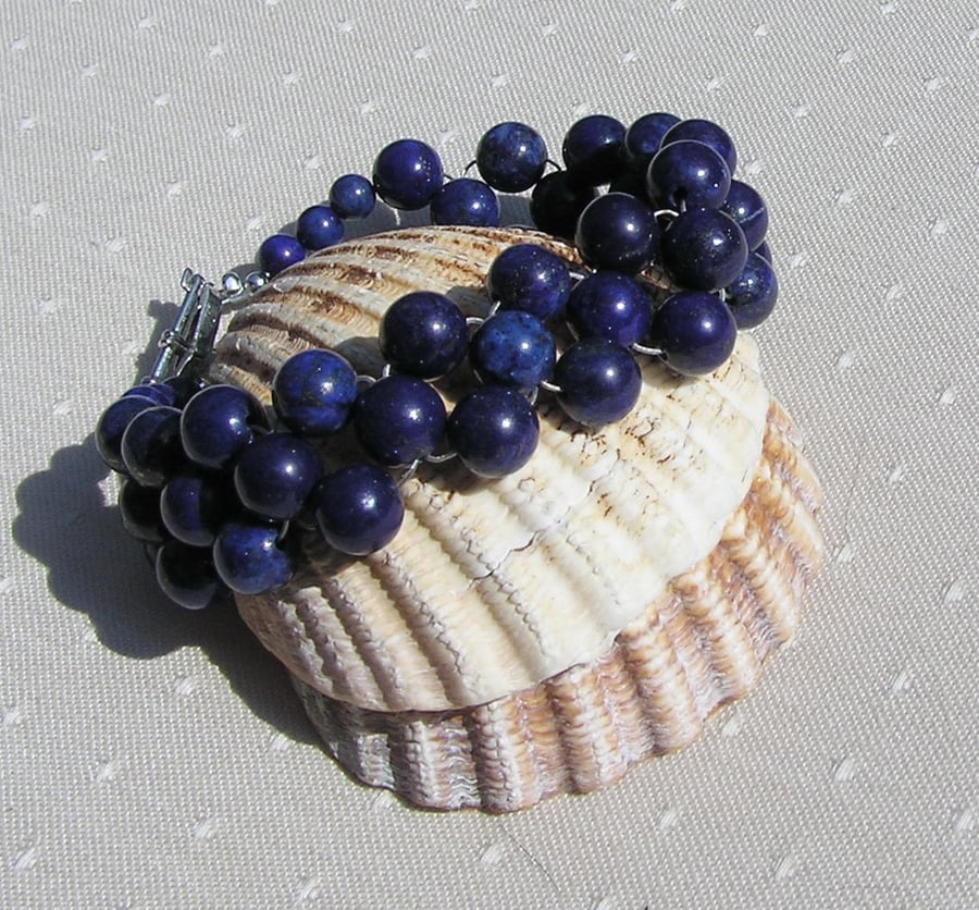 Blue Lapis Lazuli Crystal Gemstone Woven Beaded Cuff Bracelet "Bonnie Blue"