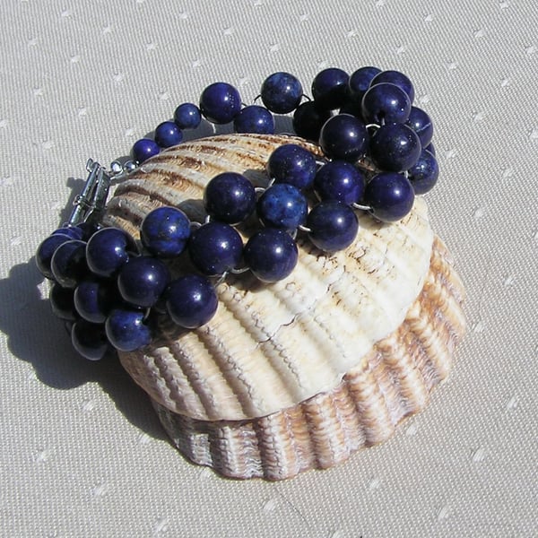 Blue Lapis Lazuli Crystal Gemstone Woven Beaded Cuff Bracelet "Bonnie Blue"