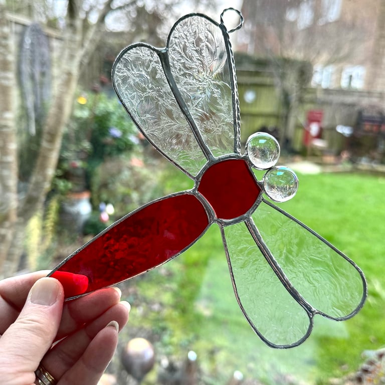 Stained Glass Dragonfly Suncatcher - Handmade Window Decoration 