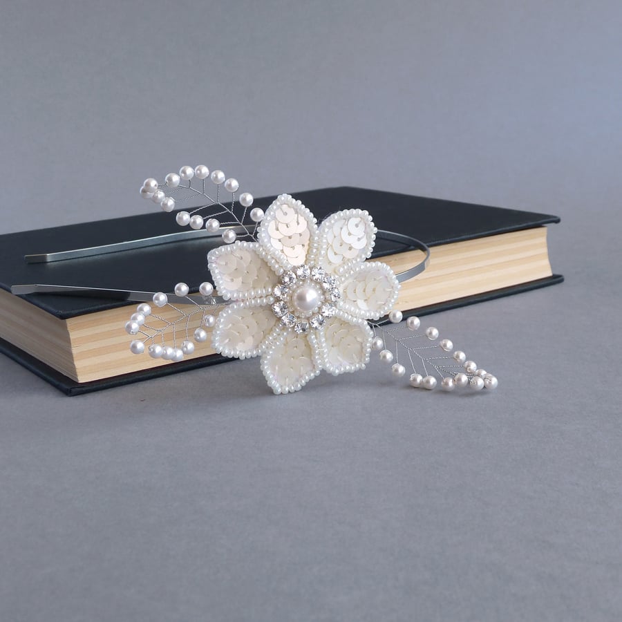 Cream Flower Tiara - Pearl and Crystal Bridal Head Piece - Wedding Fascinator