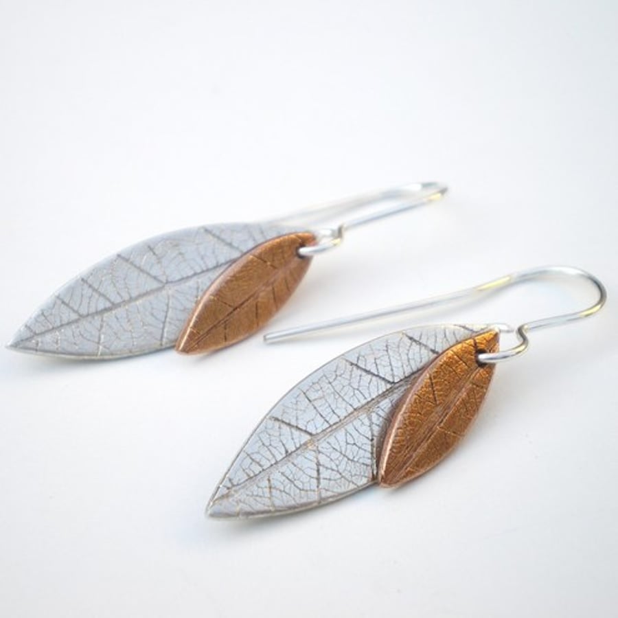 Silver and Copper Long Leaf Texture Earrings