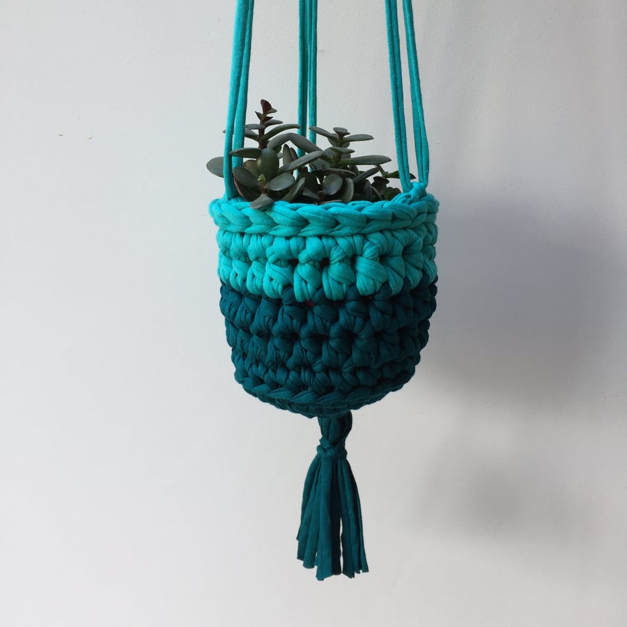 Crochet hanging planter - teal - free UK shipping