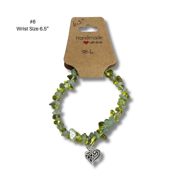 Bracelet 6 – Handmade Green Gemstone-Style Bracelet 6.5” Heart Charm