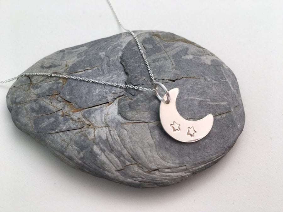 Sterling Silver Crescent Moon and Star Necklace, Moon Crescent Necklace