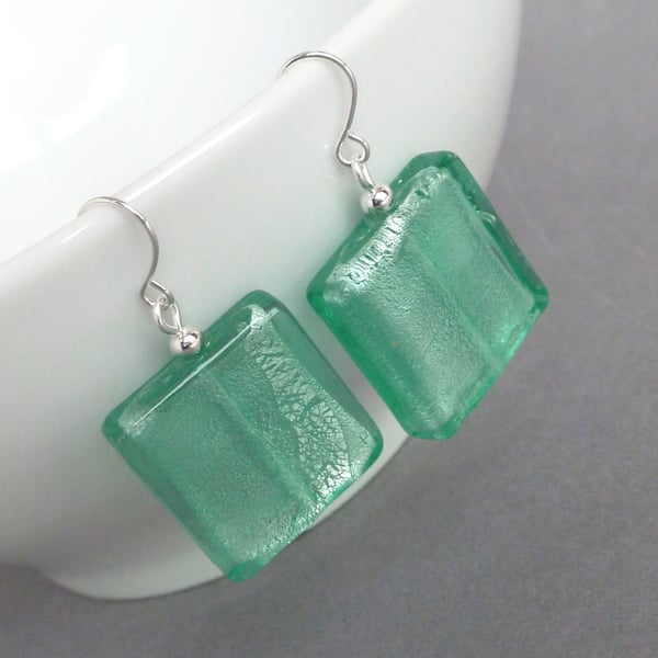 Large Mint Green Fused Glass Earrings - Big Turquoise Square Earrings - Aqua