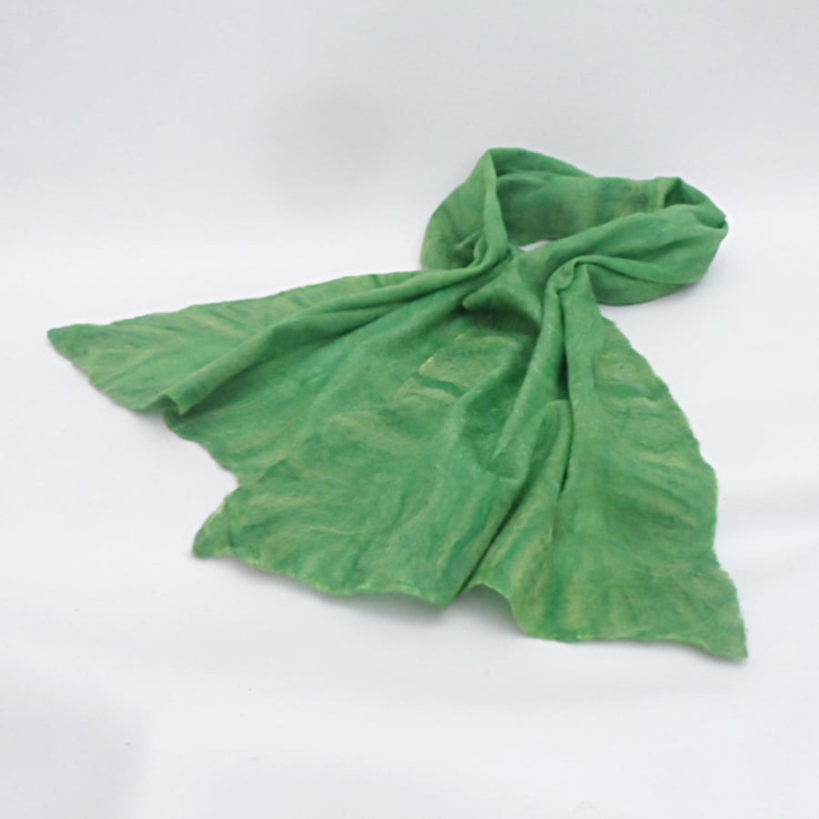Green merino wool nuno felted silk scarf  in a gift box - REDUCED