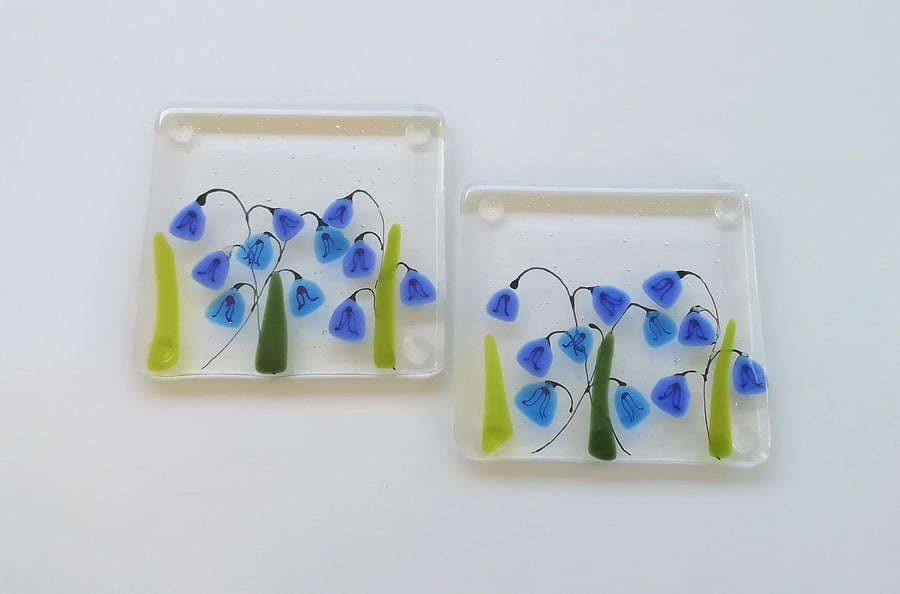 Bluebell Fused Glass Coasters: Spring Flower Mug Mats, Set of 2