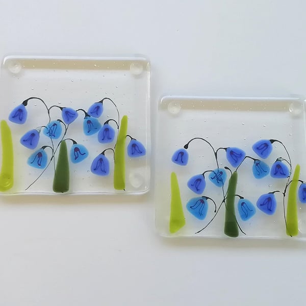 Bluebell Fused Glass Coasters: Spring Flower Mug Mats, Set of 2