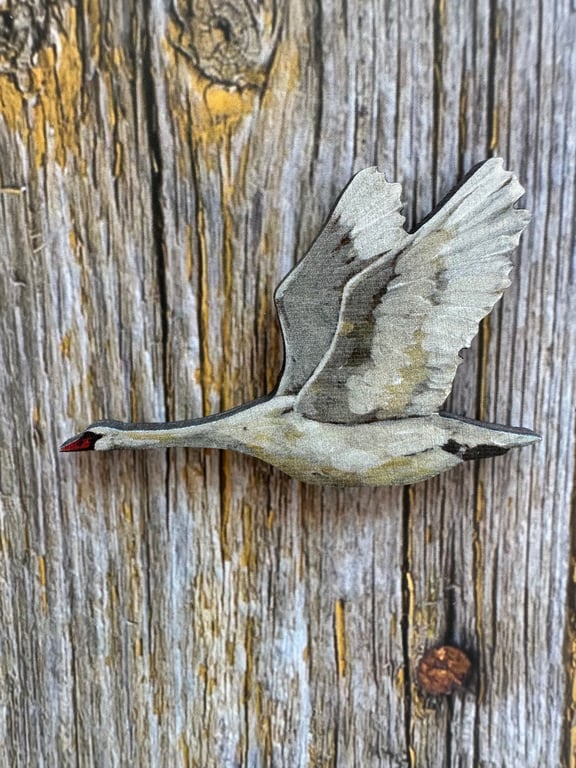 Swan in flight wooden magnet 