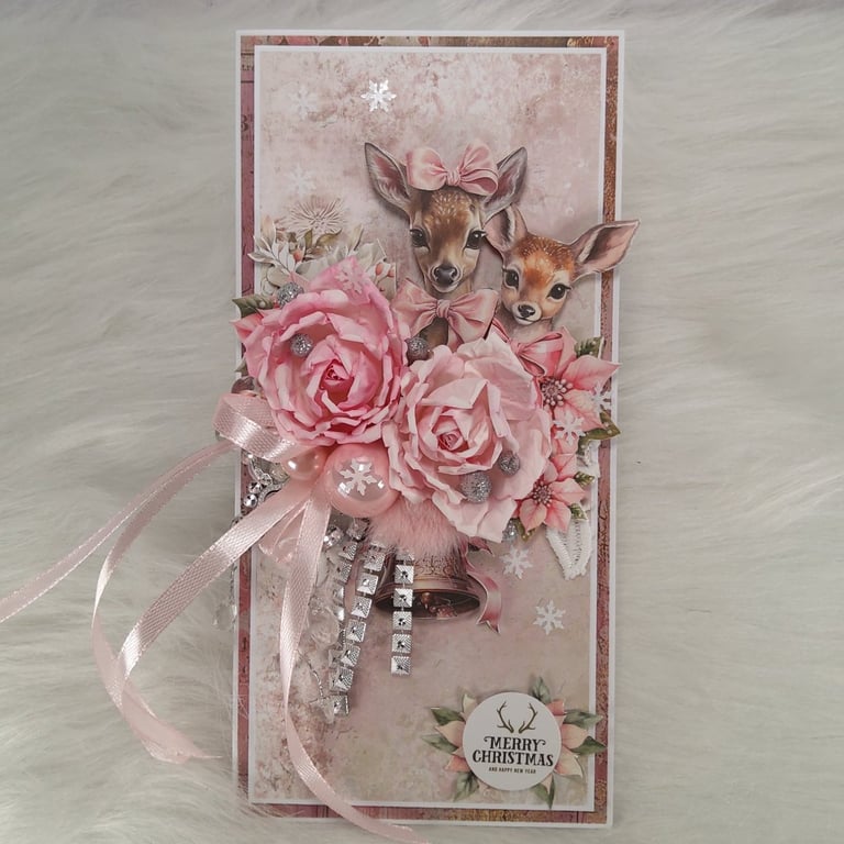 Pink ChristmasCard - HandmadeLuxury3D Deer Card - ChristmasKeepsake (15).